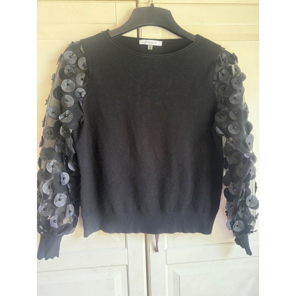 Siani Milano Womens Black 3D Floral Applique Mesh Sleeve Knit Sweater Medium